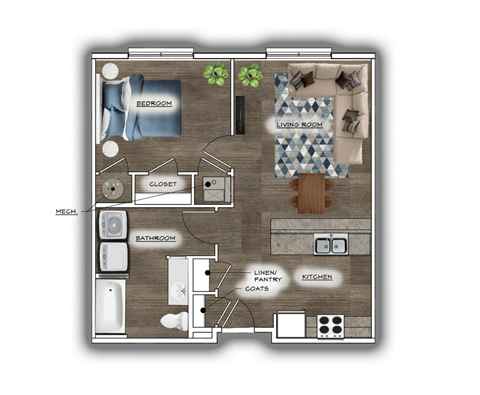 Floor plan for 1 bed, 1 bath, 689 sqft